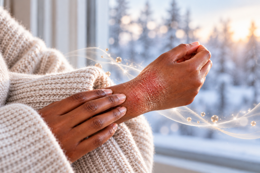 Close-up of dry, irritated, eczema-prone skin on a dark-skinned person's wrist during winter, illustrating how cold weather can contribute to skin barrier disruption and eczema flares.